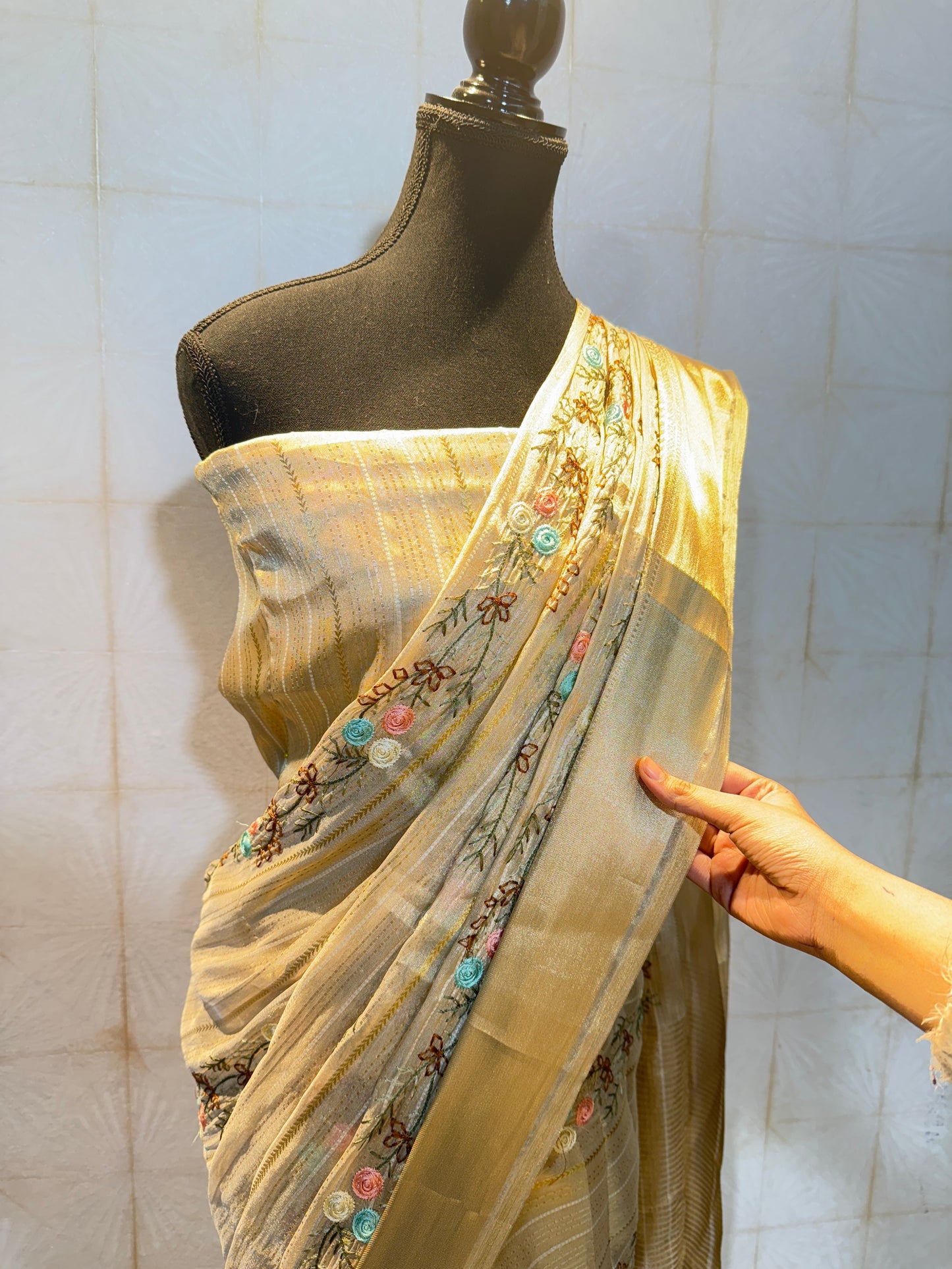 Premium Tissue Silk Saree with Multicolour Thread Embroidery