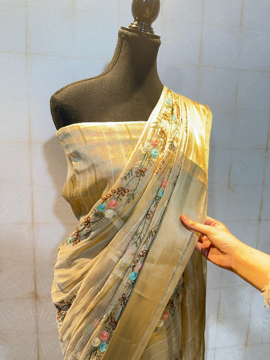 Premium Tissue Silk Saree with Multicolour Thread Embroidery