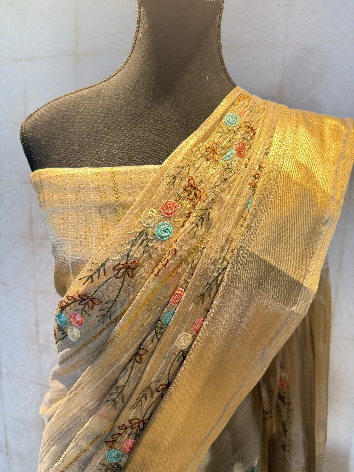 Premium Tissue Silk Saree with Multicolour Thread Embroidery