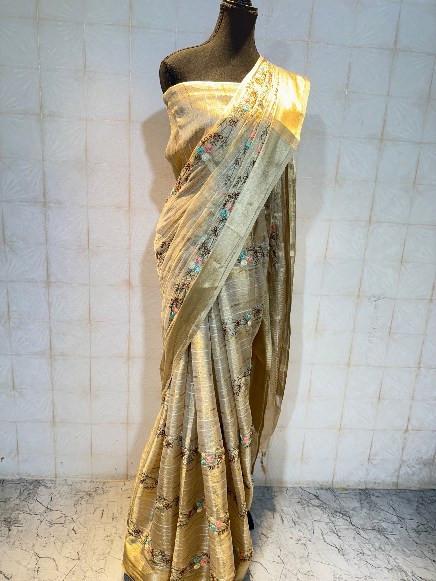 Premium Tissue Silk Saree with Multicolour Thread Embroidery