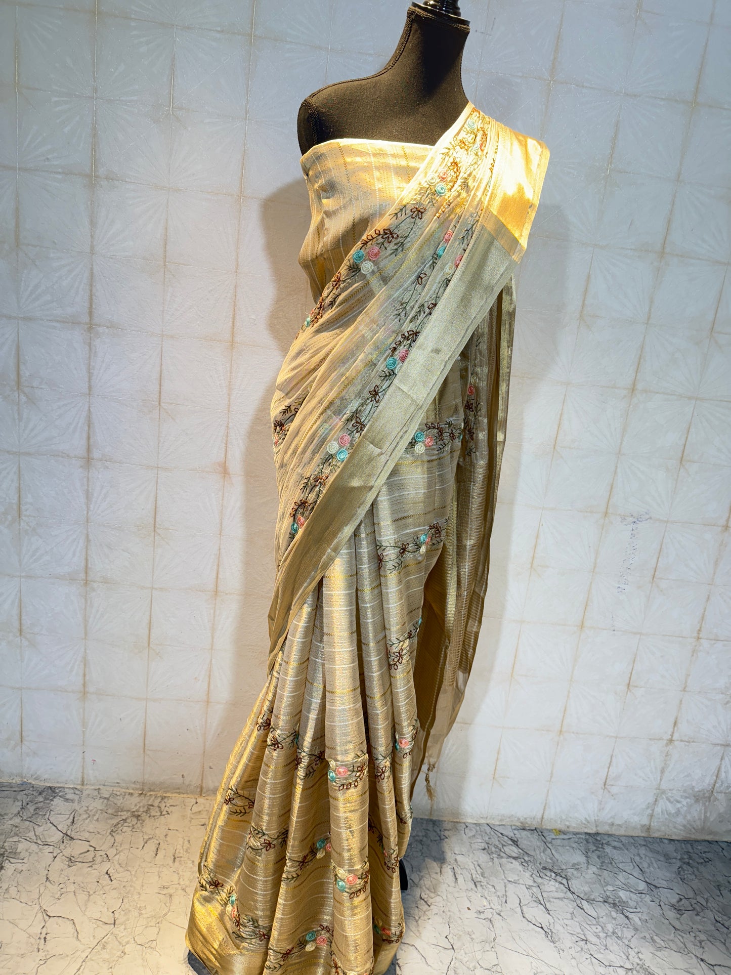 Premium Tissue Silk Saree with Multicolour Thread Embroidery