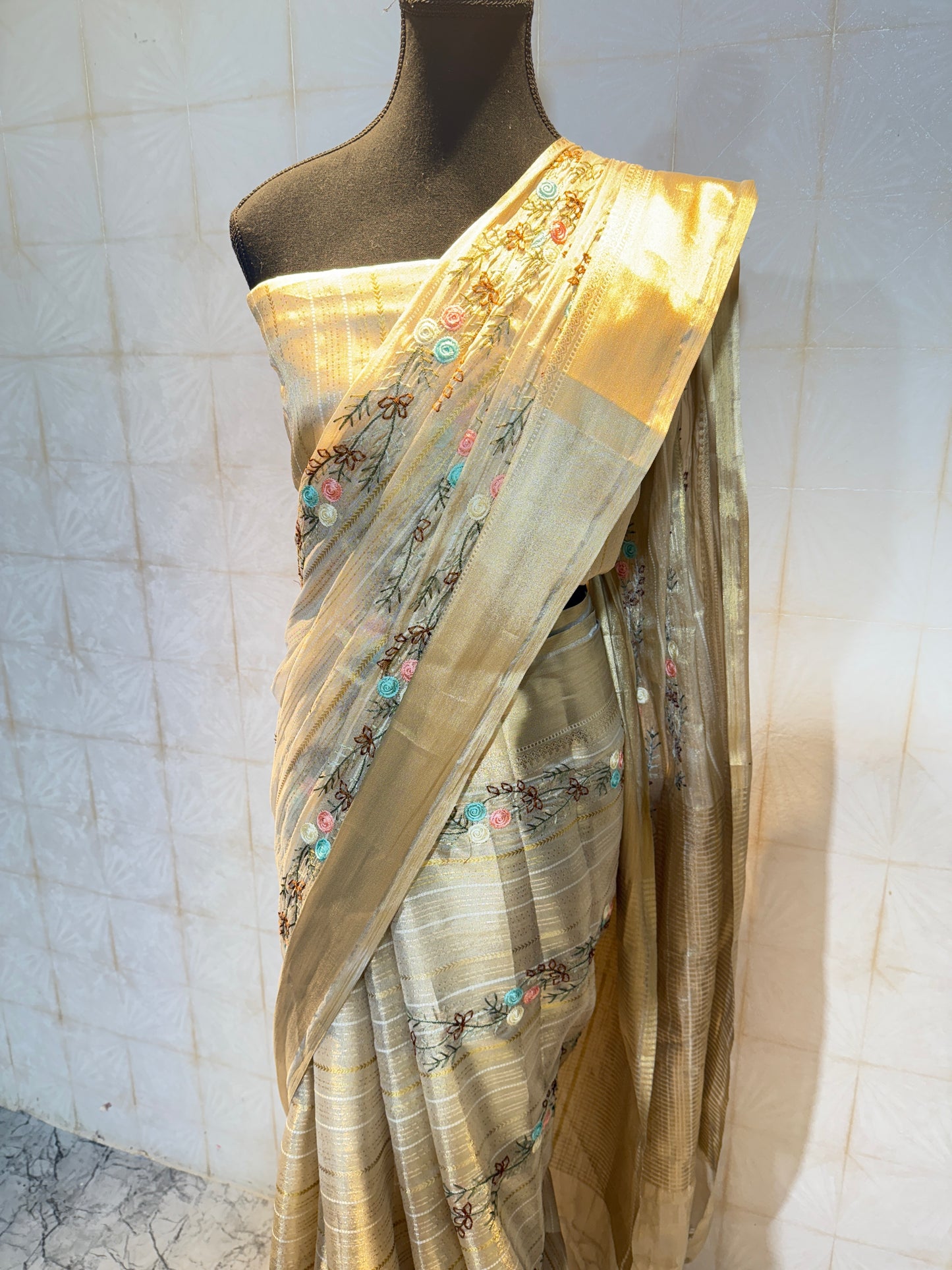 Premium Tissue Silk Saree with Multicolour Thread Embroidery